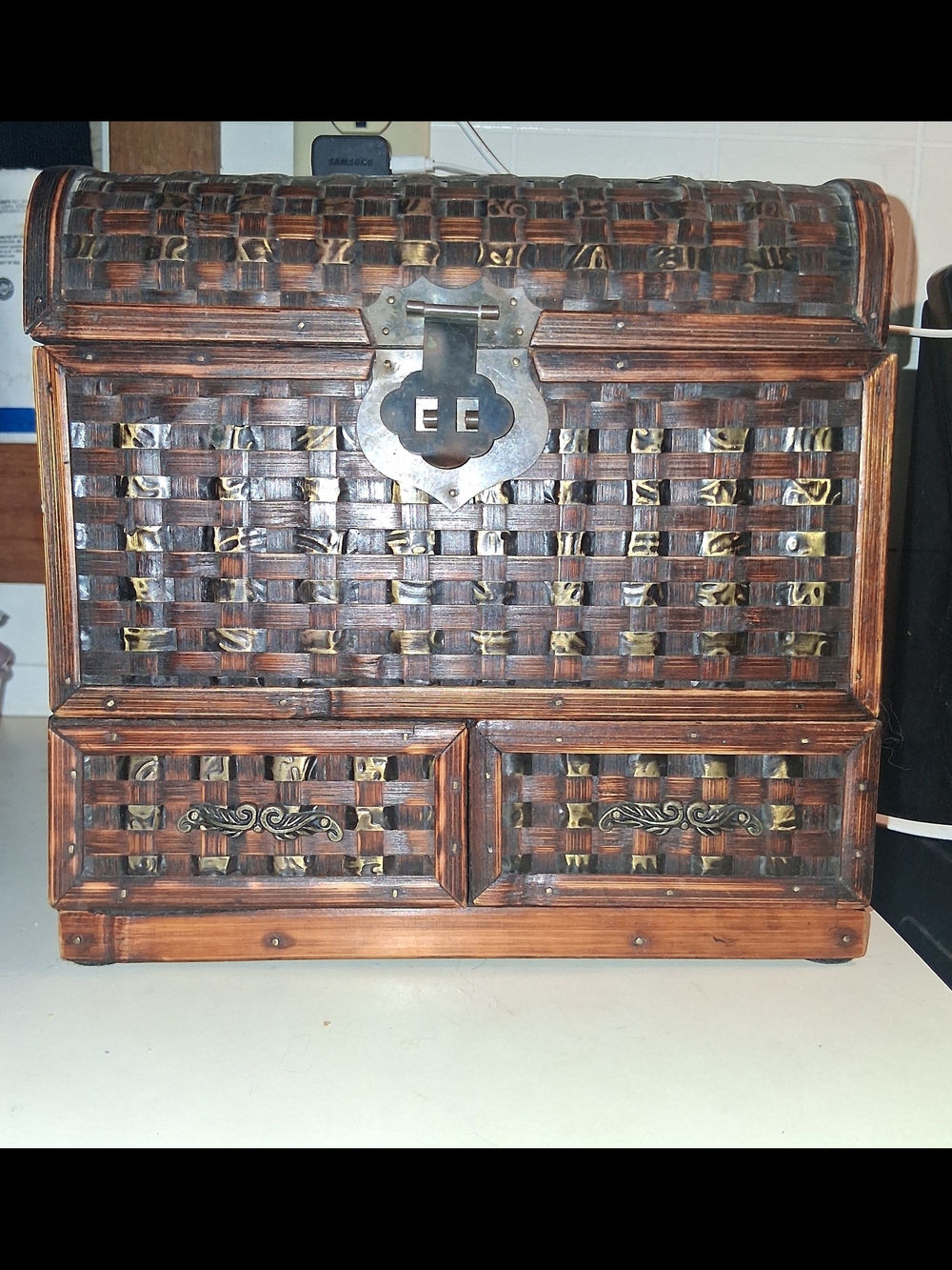 Hand Crafted Wood Woven Accent Storage Chest With 2 Drawers in Dark Brown